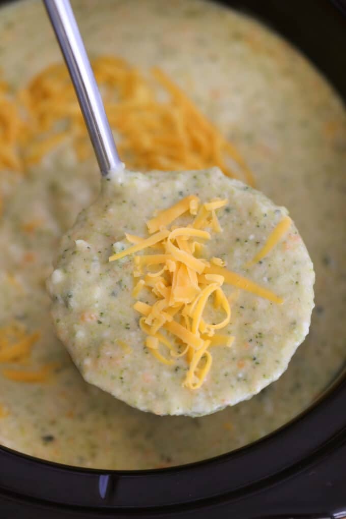 Slow cooker broccoli cheddar soup ladle