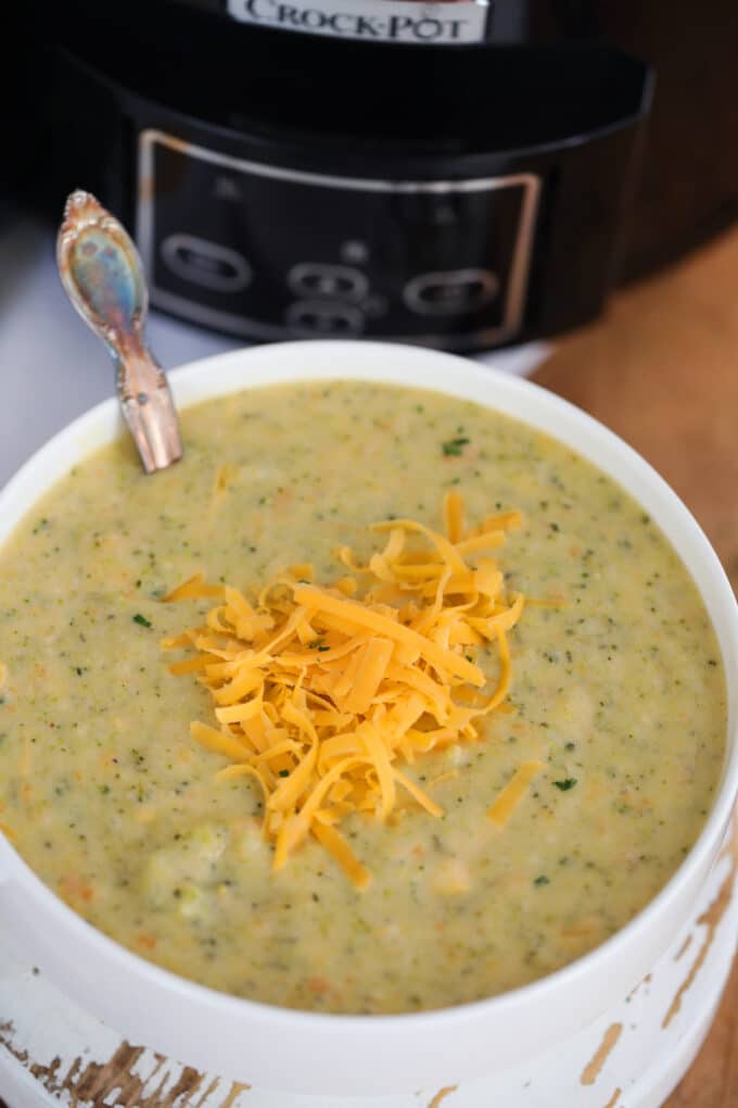 Broccoli cheddar soup in a white bowl topped with sharp cheddar cheese. 