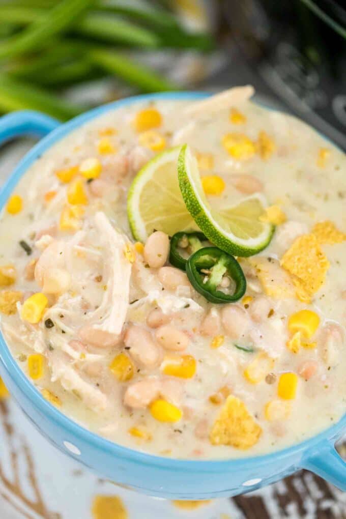 White chicken chili with corn in a bowl