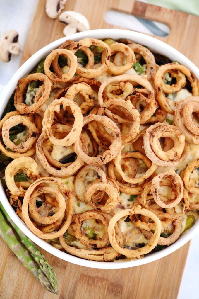 Creamy asparagus casserole topped with French fried onions