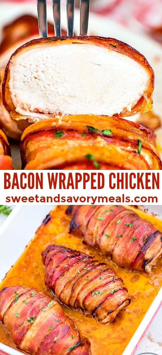 photo collage of bacon wrapped chicken breasts for pinterest
