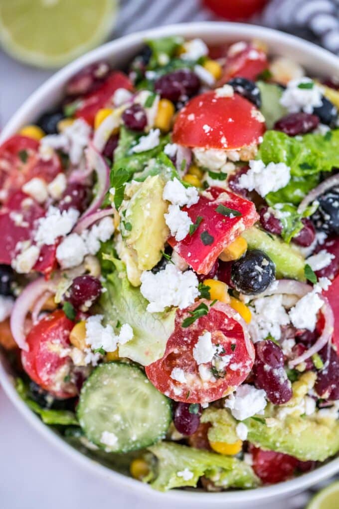 overhead shot of freshly chopped homemade Mexican salad in a bowl