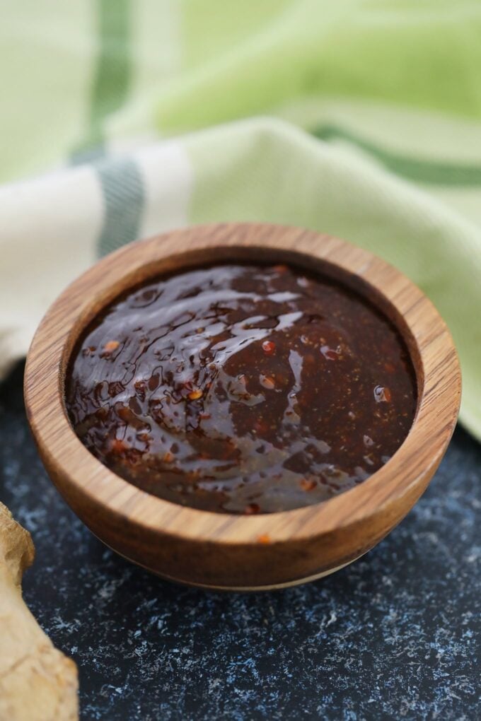 Homemade Szechuan sauce in a wooden bowl