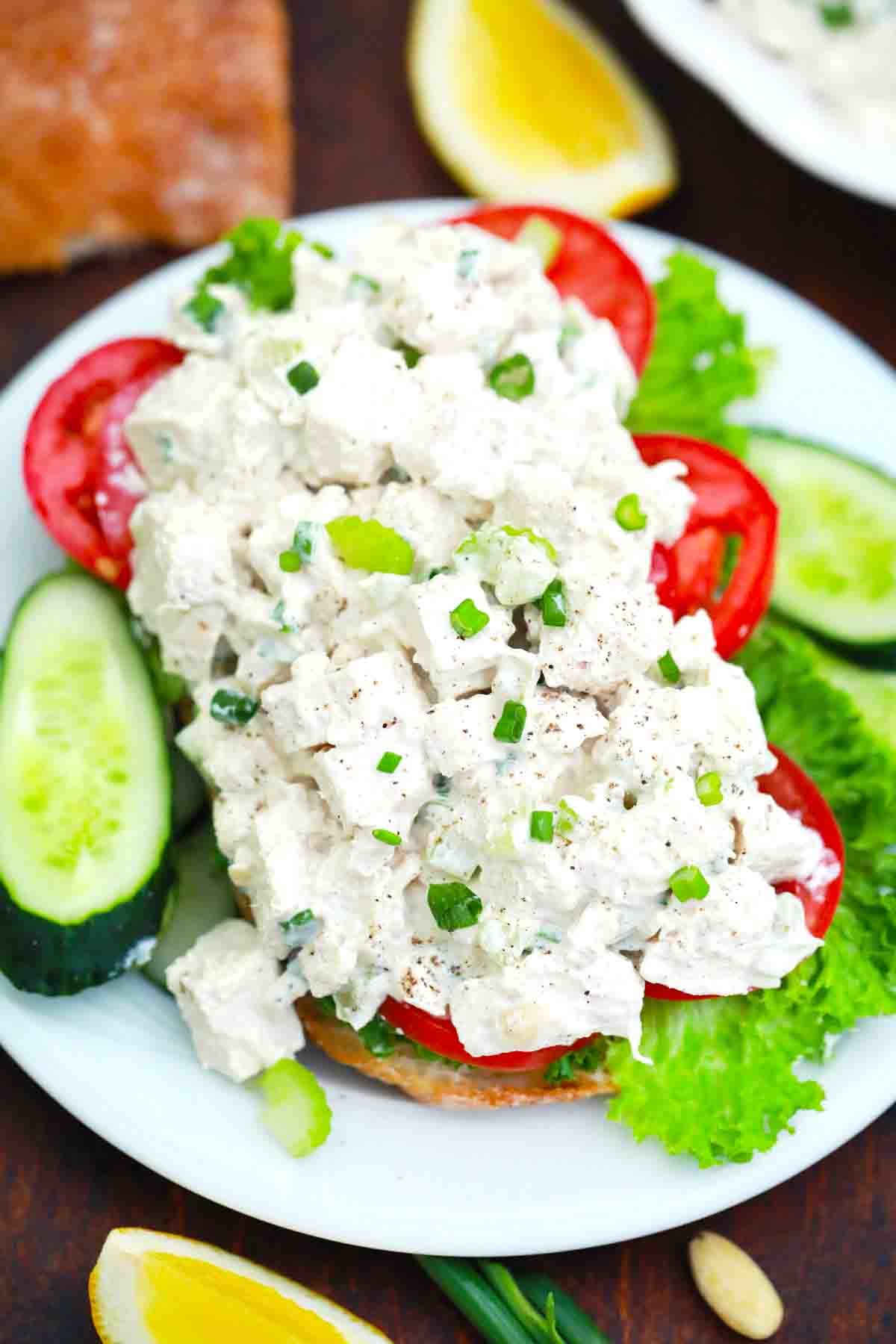 overhead shot of open face chicken salad sandwich