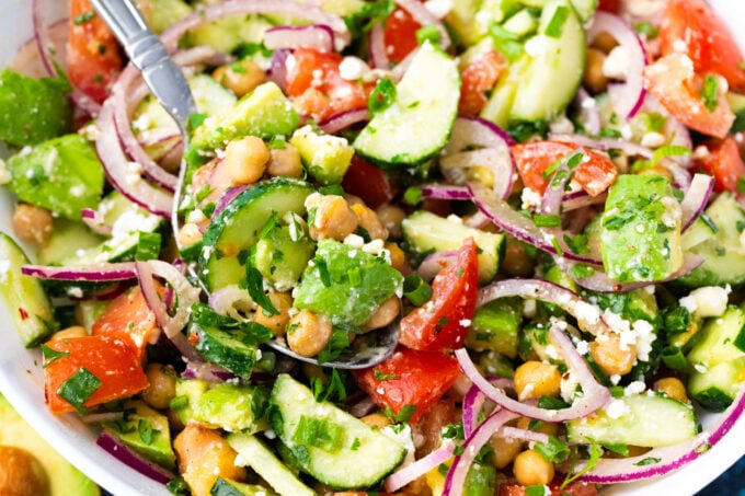 Close shot of vegetarian chickpea salad.