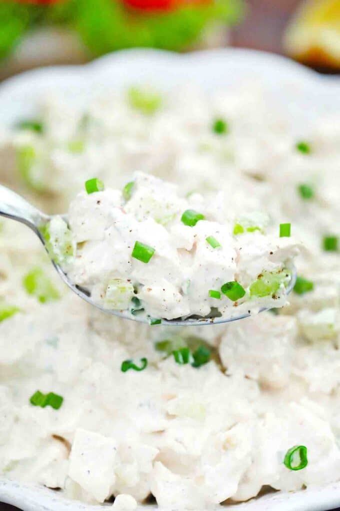 a spoonful of creamy chicken salad