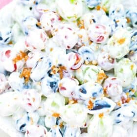 overhead shot of a bowl of creamy grape salad