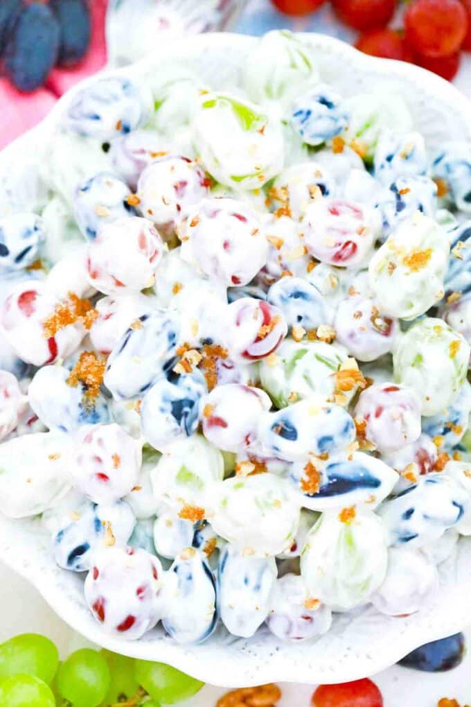 overhead shot of a bowl of creamy grape salad