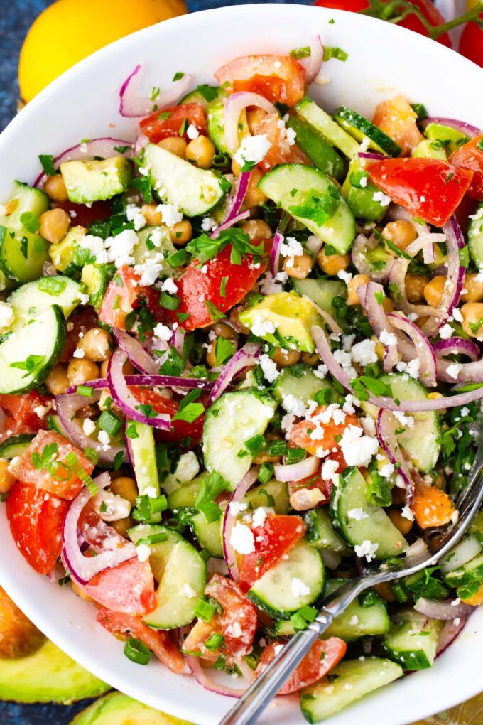 Overhead shot of chickpea salad in a bowl.