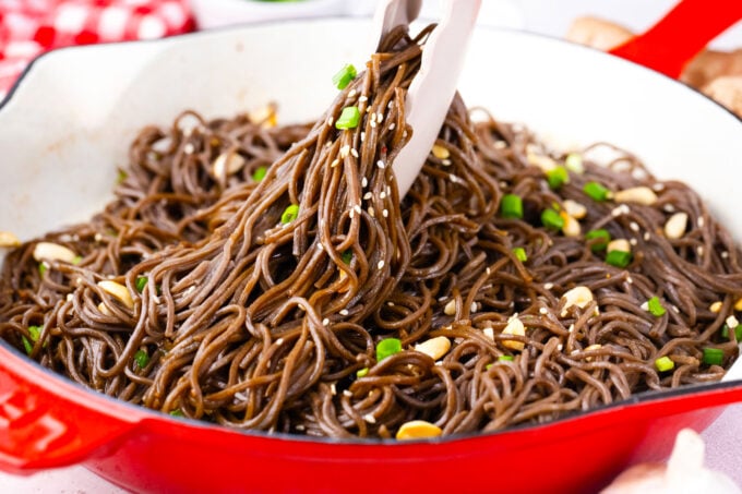 Serving soba noodles in sweet and savory sauce, topped with chopped peanuts and green onions.