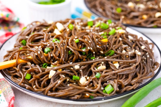 A serving of glossy Soba noodles in sweet and savory sauce, topped with chopped peanuts and green onions.