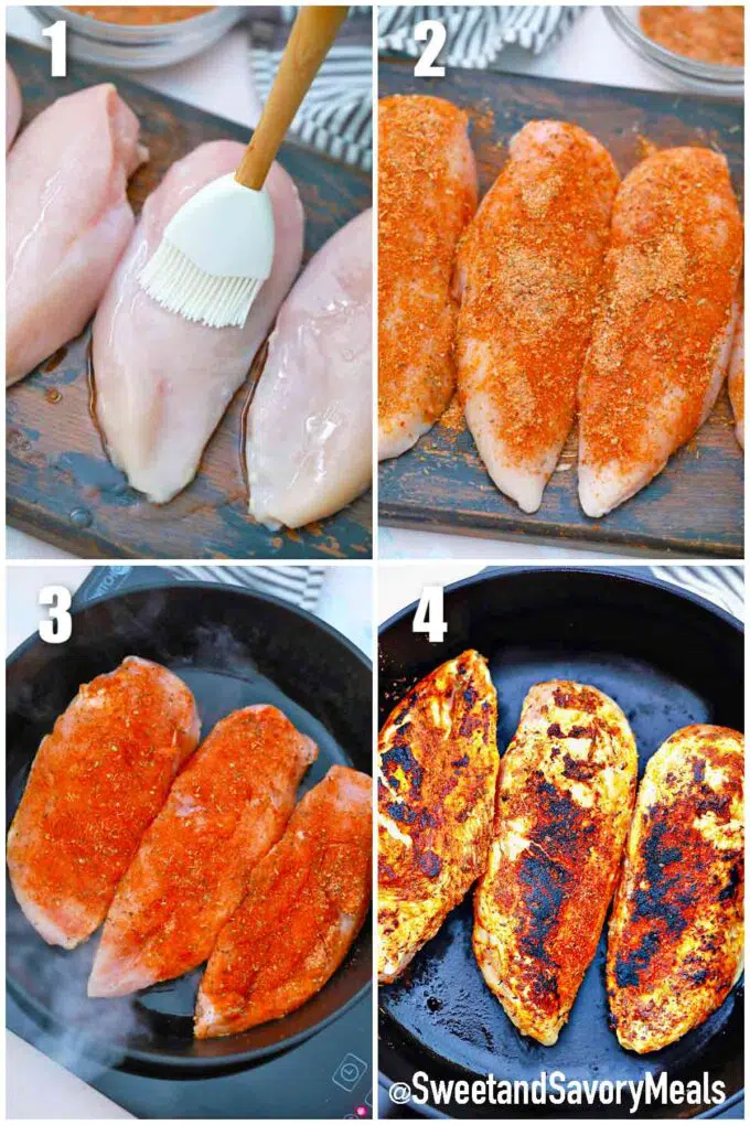 photo collage of steps how to make blackened chicken
