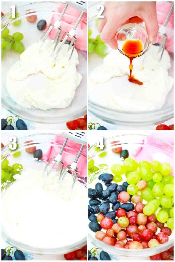 photo collage of steps how to make creamy grape salad recipe