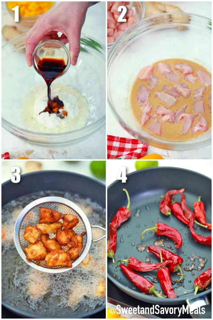 photo collage of steps how to marinate and fry chicken and peppers for Szechuan chicken