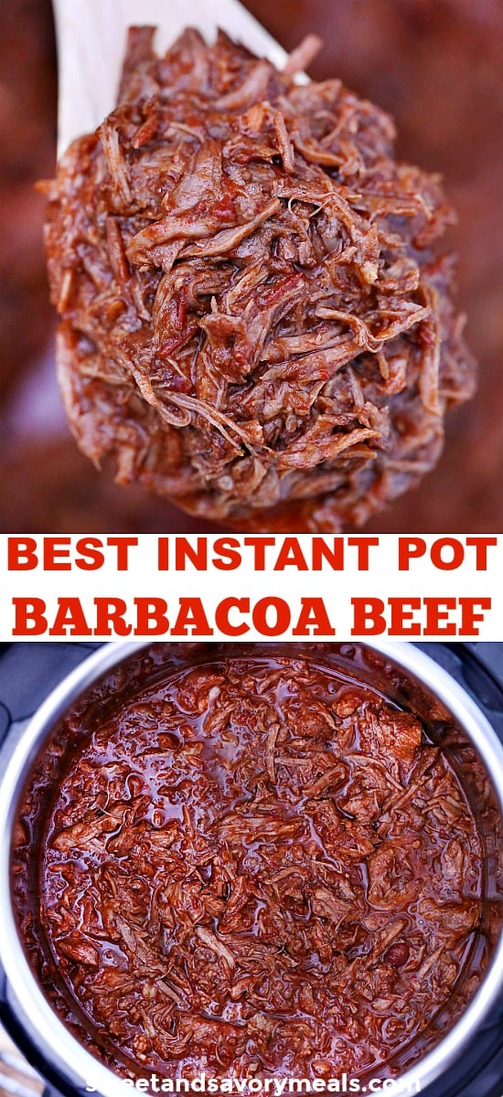 photo collage with text overlay of Instant pot barbacoa beef for Pinterest