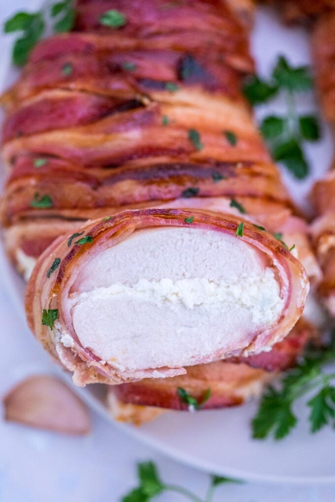 Picture of bacon wrapped cream cheese stuffed chicken
