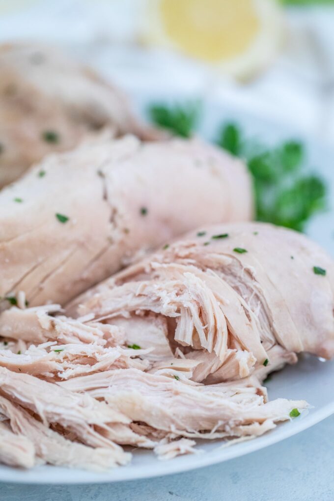 Boiled chicken on a white plate