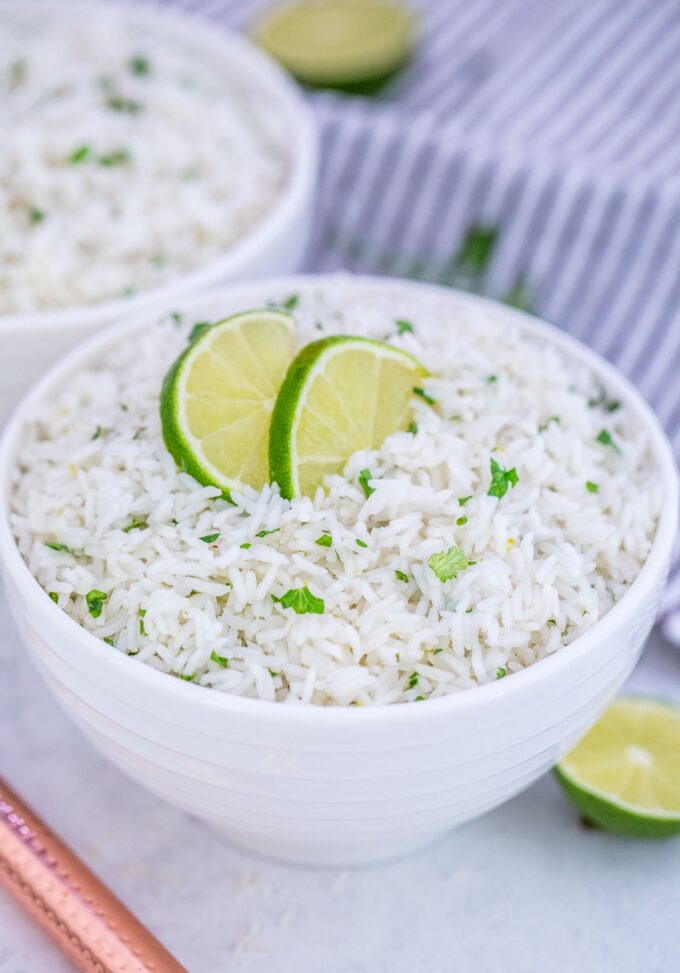 Image of chipotle cilantro lime rice in a white bowl.