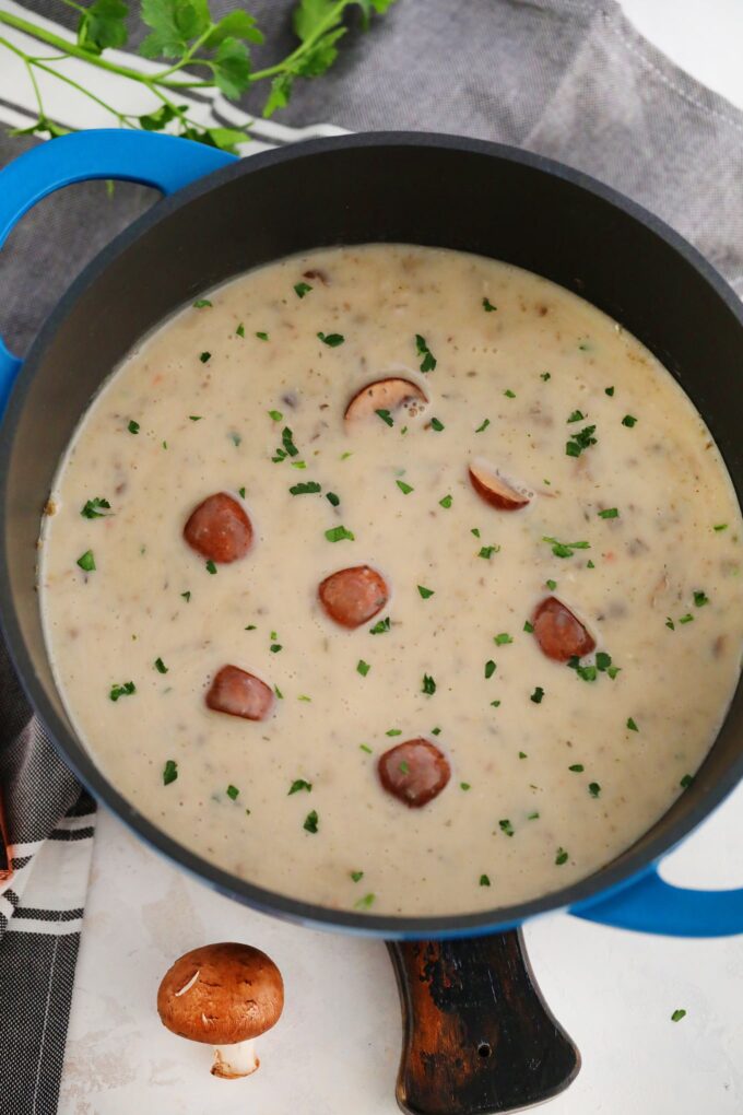 Cream of mushroom soup in a Dutch oven