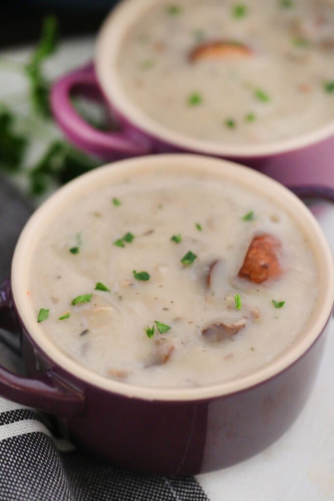 Homemade cream of mushroom soup served in a bowl