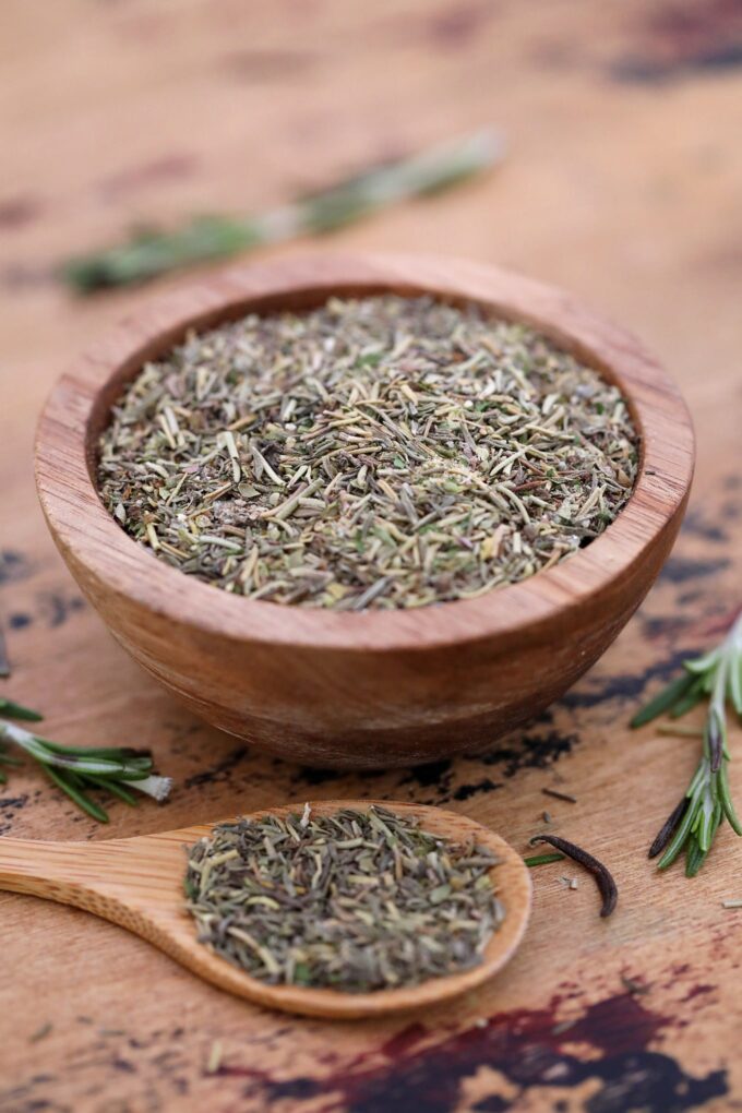 Homemade poultry Seasoning with rosemary, thyme, and dried herbs