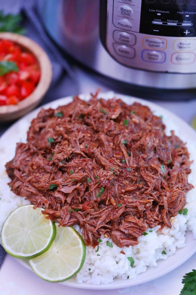 barbacoa beef over white rice with instant pot in background