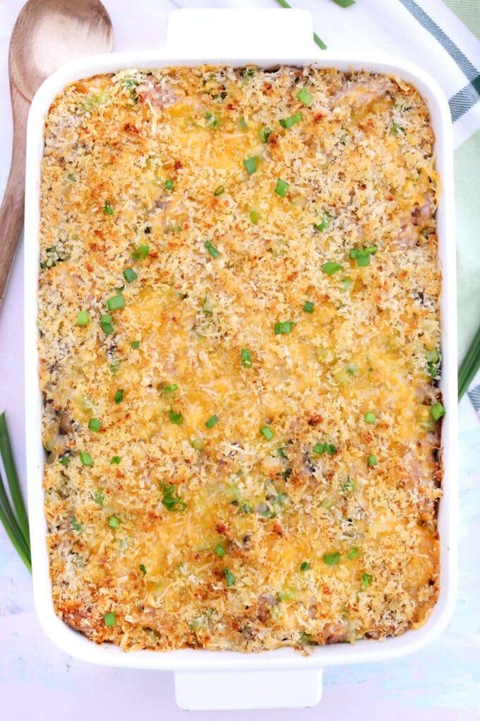 Freshly baked tuna noodle casserole topped with bread crumbs.