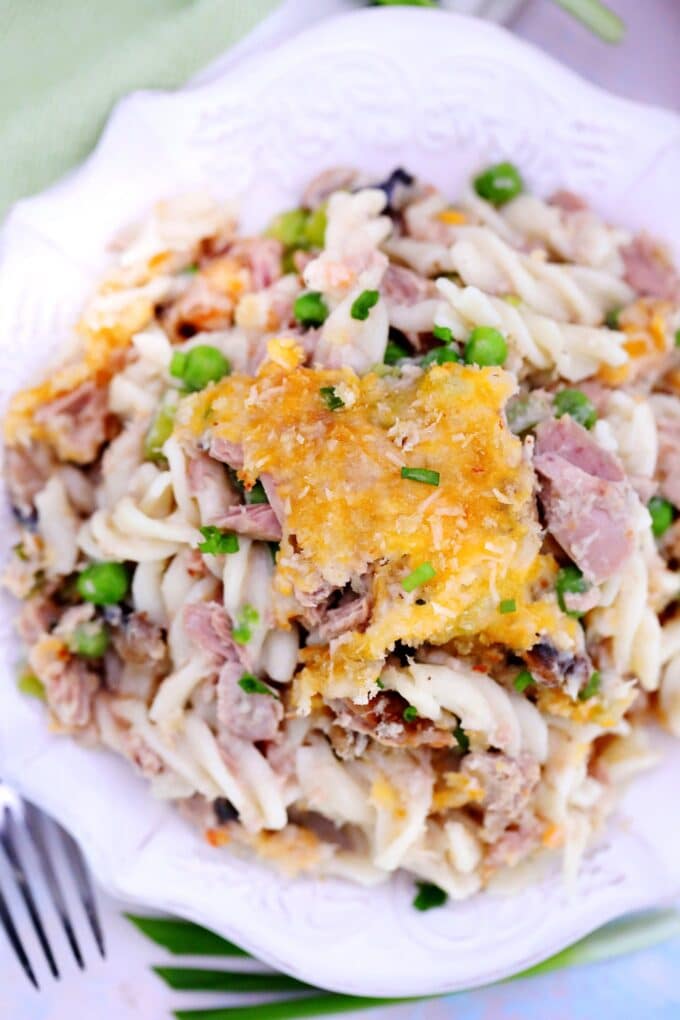 Freshly baked tuna noodle casserole on a white plate.