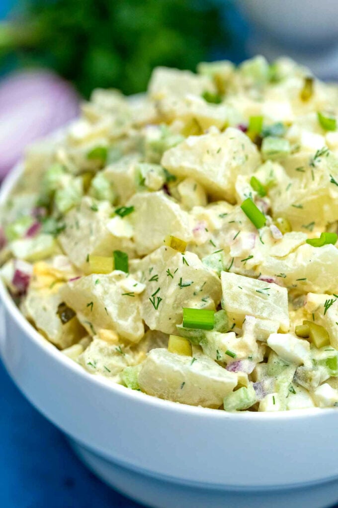 Image of a bowl with homemade potato salad.