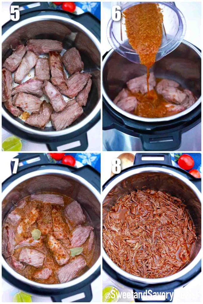 photo collage of steps how to make instant pot barbacoa beef