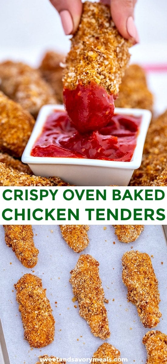 Crispy baked chicken tenders collage.