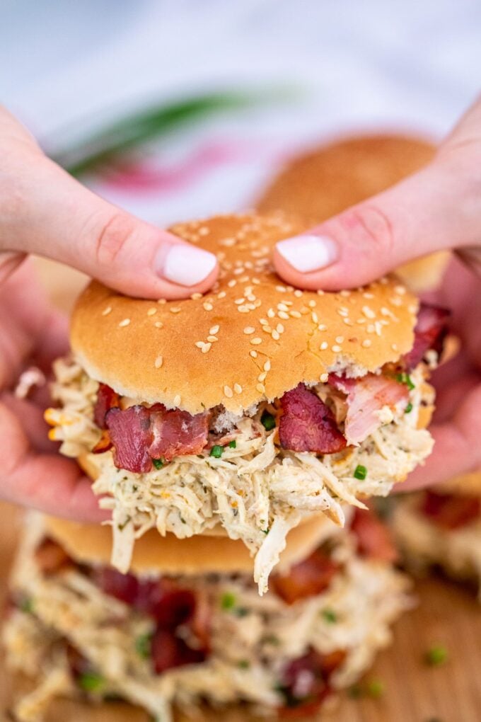 Crockpot crack chicken with bacon on a hamburger bun