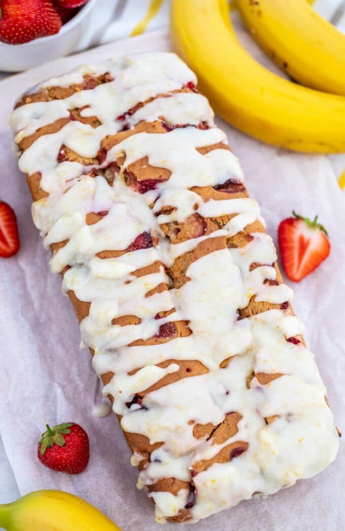 Image of glazed strawberry banana bread.