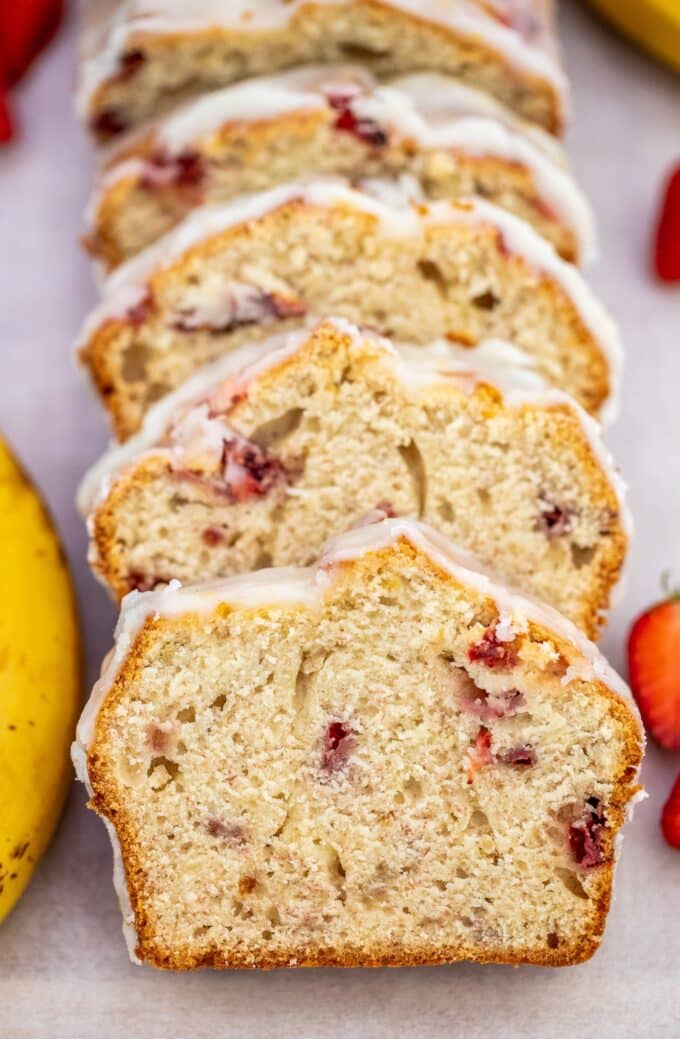 Image of sliced strawberry banana bread.