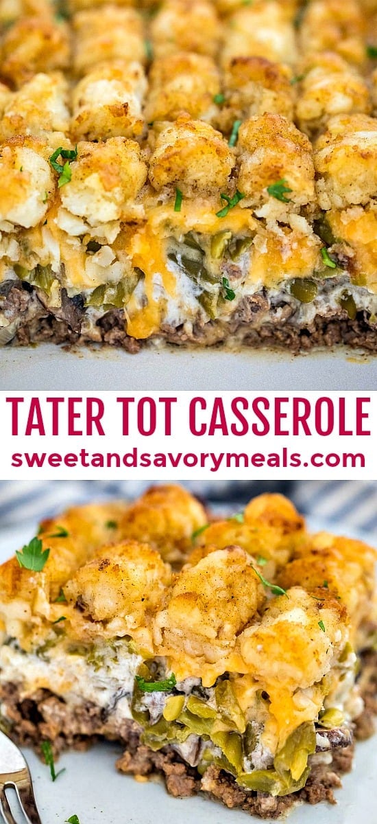 Tater tot casserole with ground beef and jalapeno collage.