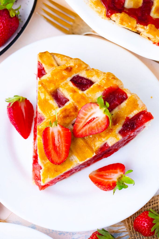 Overhead shot of a slice of strawberry pie.