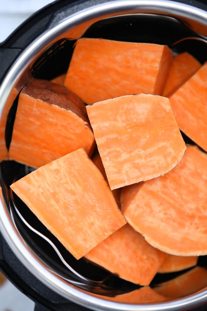 sweet potato pieces in the pressure cooker