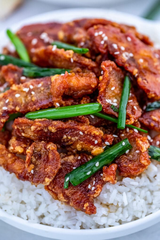 Mongolian chicken with green onions and sesame seeds over white rice