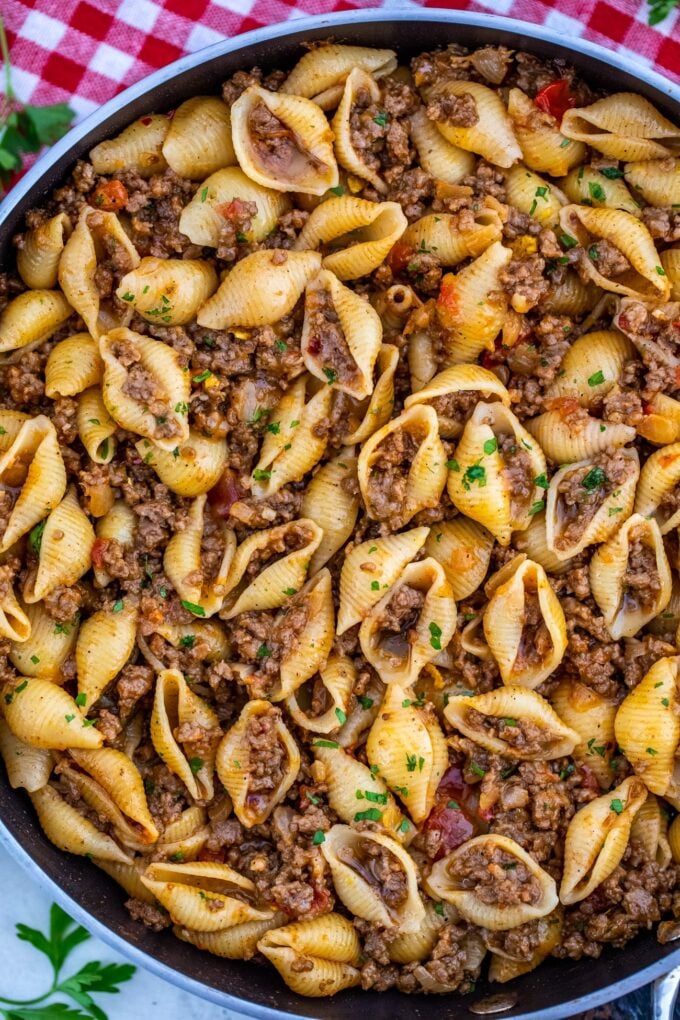 Photo of taco pasta in a skillet. 