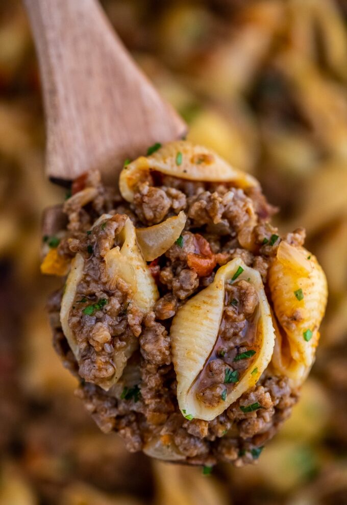 a spoonful of beef taco pasta