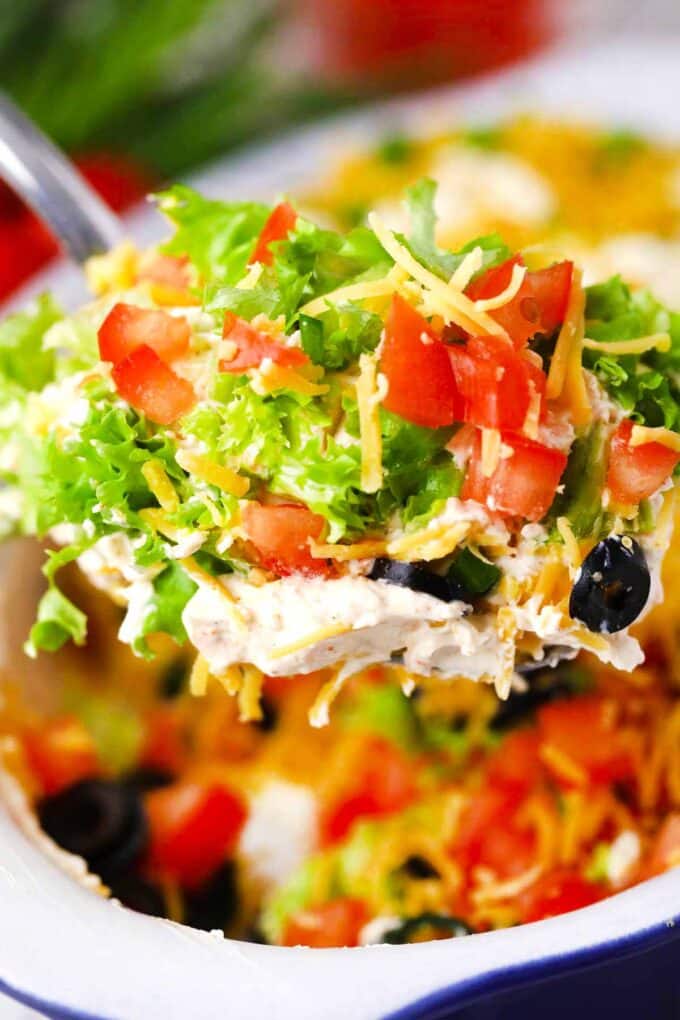 A serving spoon of vegetarian taco dip.