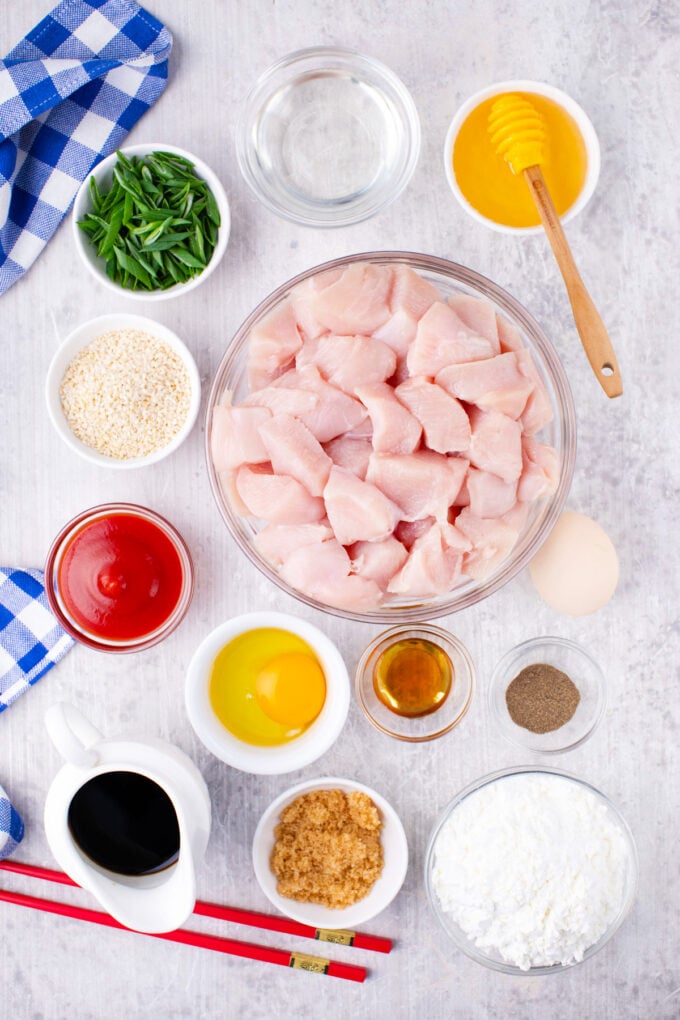 Overhead shot of Asian honey sesame chicken recipe ingredients.