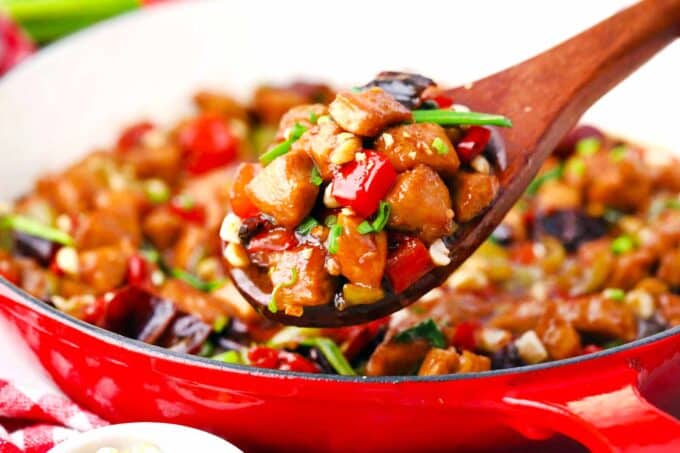 A serving spoon of sauce, homemade Kung Pao Chicken.