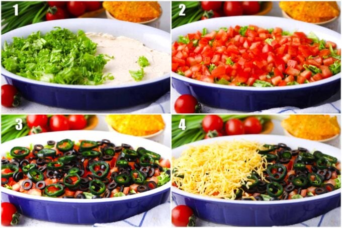 Collage of how to layer homemade taco dip.