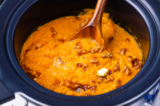 Creamy slow cooker mashed sweet potatoes.