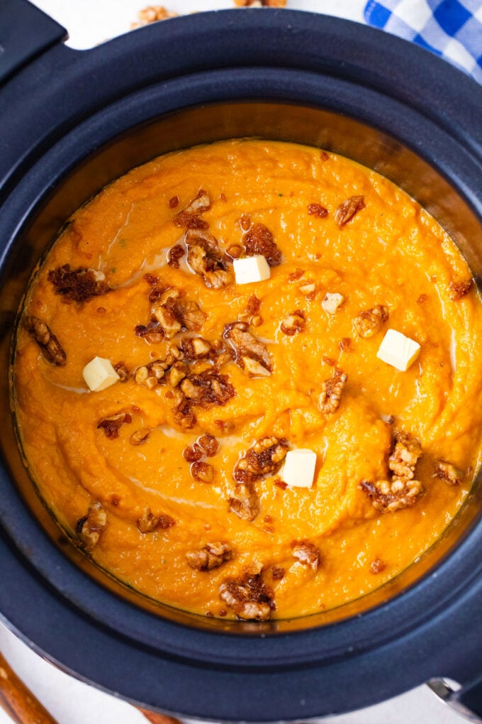 Overhead shot of creamy crockpot mashed sweet potatoes.