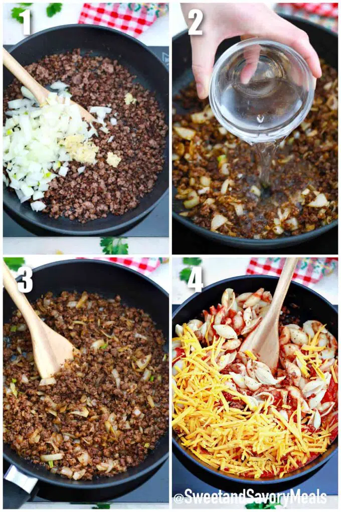 photo collage of steps how to make taco pasta
