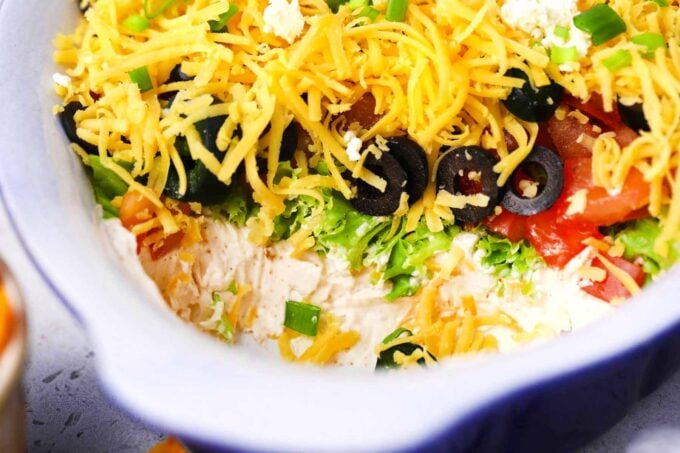 Close shot of cheesy taco dip.