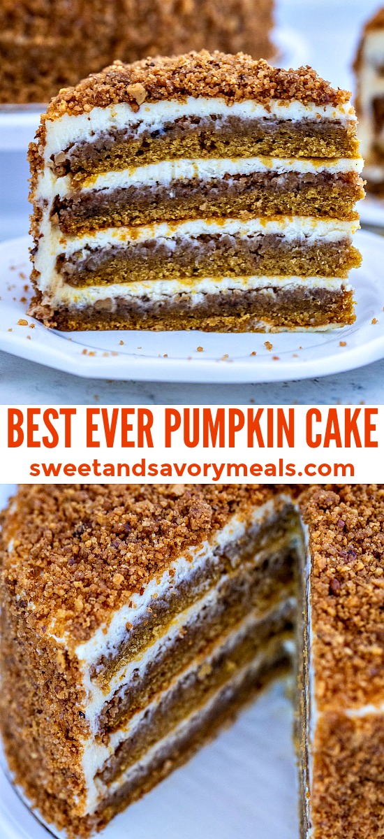 Pumpkin Cake is moist and topped with the perfect tangy cream cheese frosting. This is the best dessert to make for the upcoming fall season that everyone will love! #pumpkin #pumpkincake #thanksgiving #sweetandsavorymeals #pumpkinrecipes