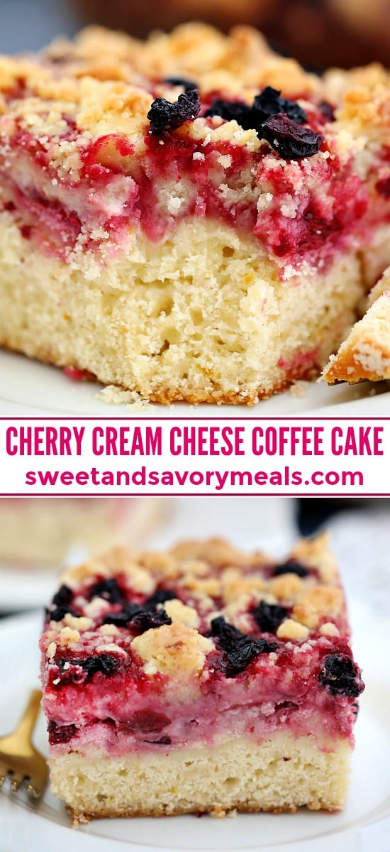 Cherry Cream Cheese Coffee Cake is made with a cake layer topped with a cheesecake filling, juicy cherries and a buttery crumb topping. #coffeecake #brunch #cherries #sweetandsavorymeals #desserts